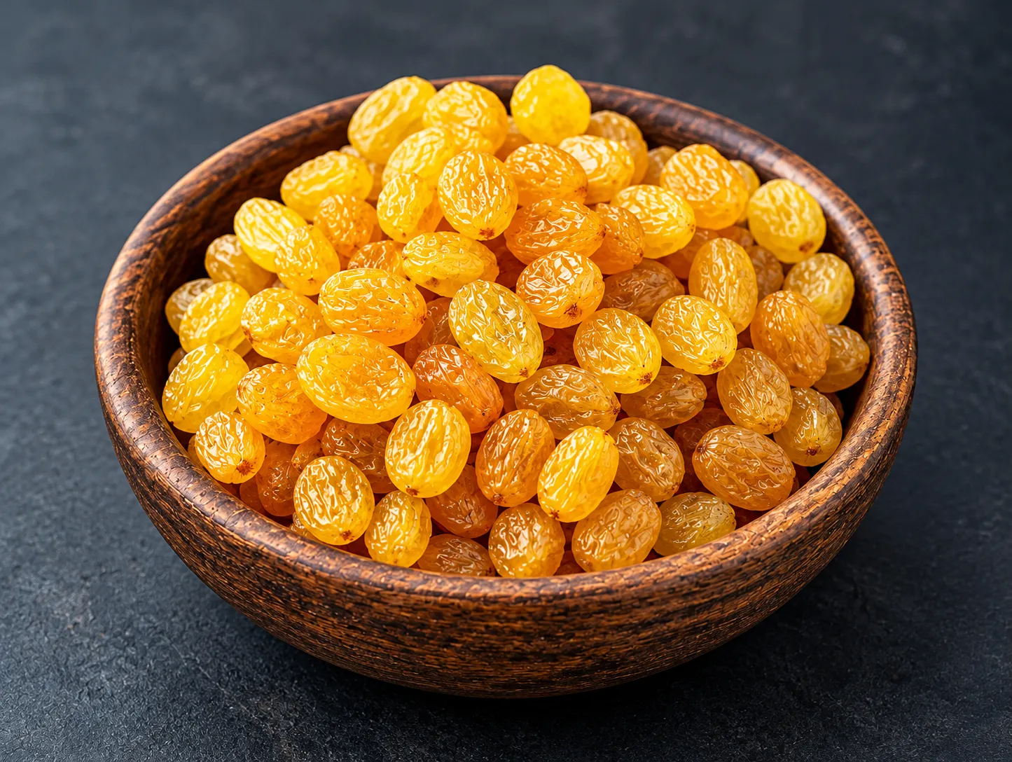 Golden Raisins in Rustic Wooden Bowl